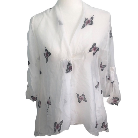 Lola Made in Italy White Butterfly Print Sheer Blouse Size Medium - Picture 8 of 16